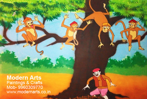 cartoon story wall painting for play school